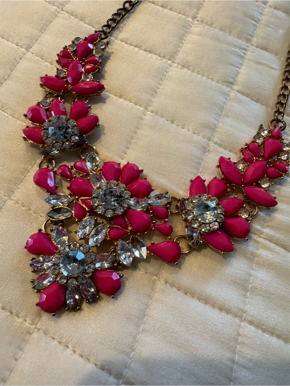 Hot Pink Floral Statement Necklace with Clear Crystal Accents